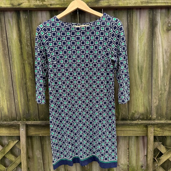 Talbots Petites Dress Navy Blue Green White Geometric 3/4 Sleeve Career Size 8P - Picture 1 of 12